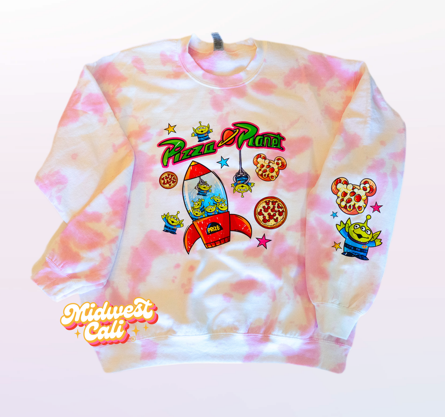 Pizza Planet Pink Tie Dyed - Midwest Cali Original Premium Fleece Sweatshirt MADE TO ORDER